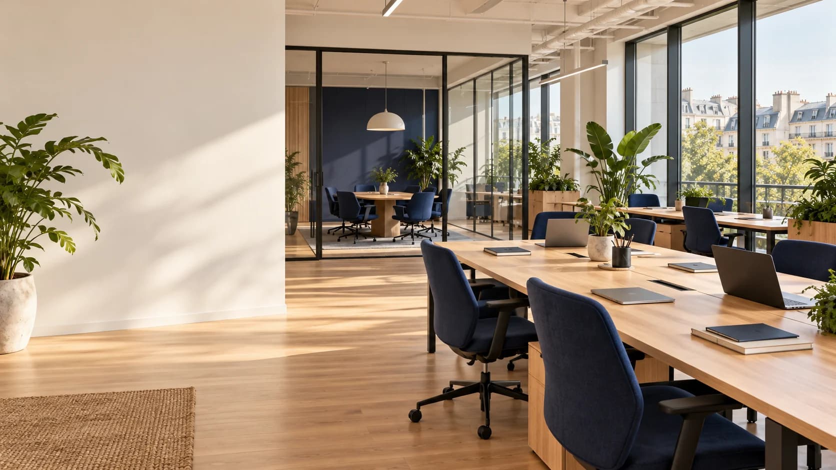 Illustration : espace de coworking lumineux avec bureaux partagés